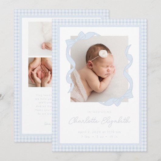 Gingham Bow Photo Birth Announcement 案内状 (正面/裏面)