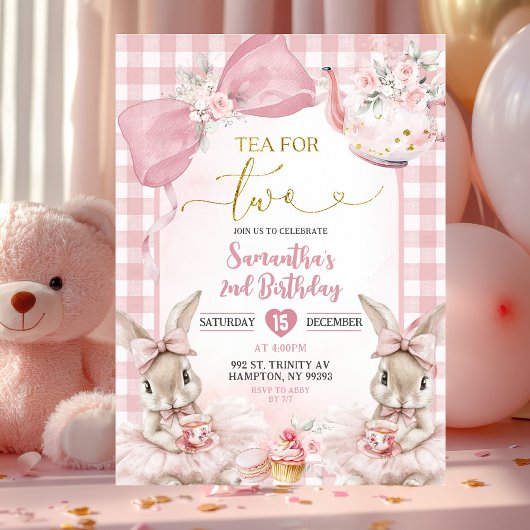 Gingham Bow Pink Bunny Tea Party Second Birthday I 招待状