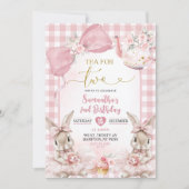 Gingham Bow Pink Bunny Tea Party Second Birthday I 招待状 (正面)
