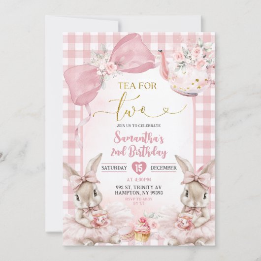 Gingham Bow Pink Bunny Tea Party Second Birthday I 招待状 (正面)