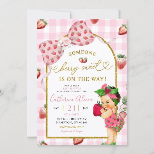 Gingham Bow Strawberry Spanish Baby Baby Shower 招待状 (正面)