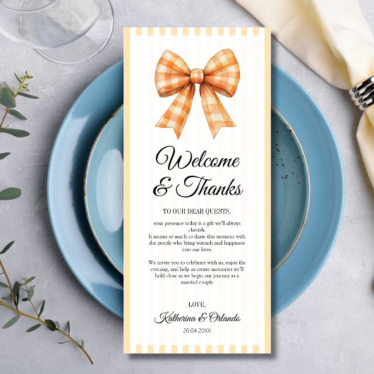 Gingham Bow Wedding Place Setting Thank You Card プログラム