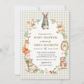 Gingham Bunny Rabbit Woodland Baby Shower 招待状 (正面)