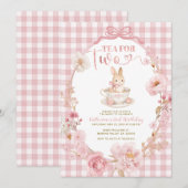 Gingham Bunny Tea Party Birthday Pink Bow 招待状 (正面/裏面)