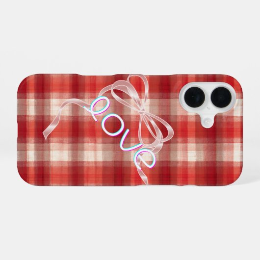 Gingham Check Love Ribbon Phone Case iPhone 16ケース (裏面横)