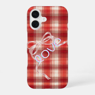 Gingham Check Love Ribbon Phone Case iPhone 16ケース