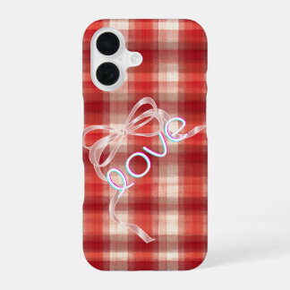 Gingham Check Love Ribbon Phone Case iPhone 16ケース