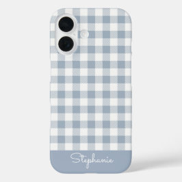 Gingham Coastal Plaid Preppy Check Blue White Name iPhone 16ケース