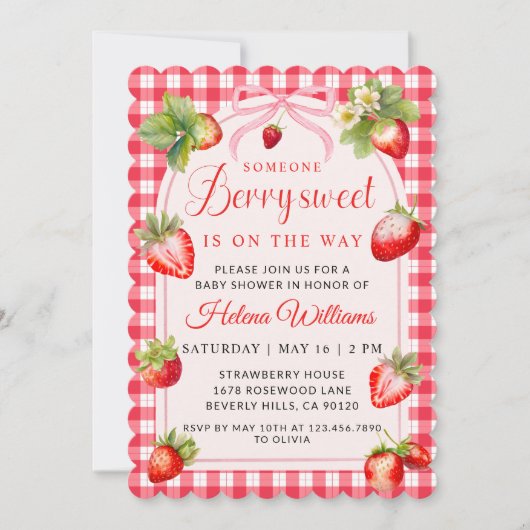 Gingham Coquette Berry Baby Shower Invitation 招待状 (正面)