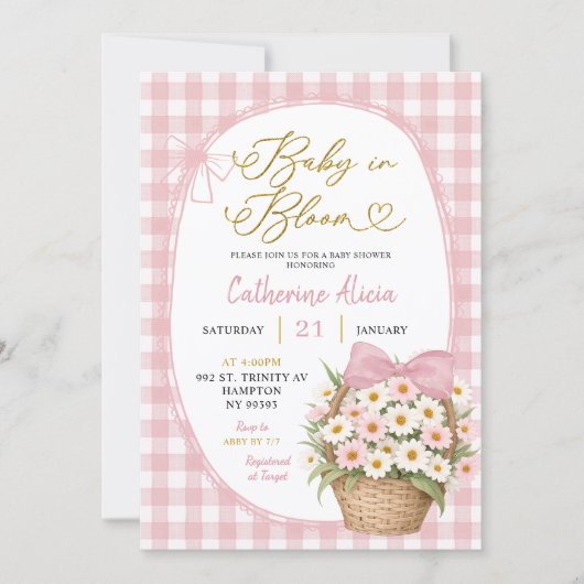 Gingham Coquette Daisy Baby in Bloom Baby Shower 招待状 (正面)