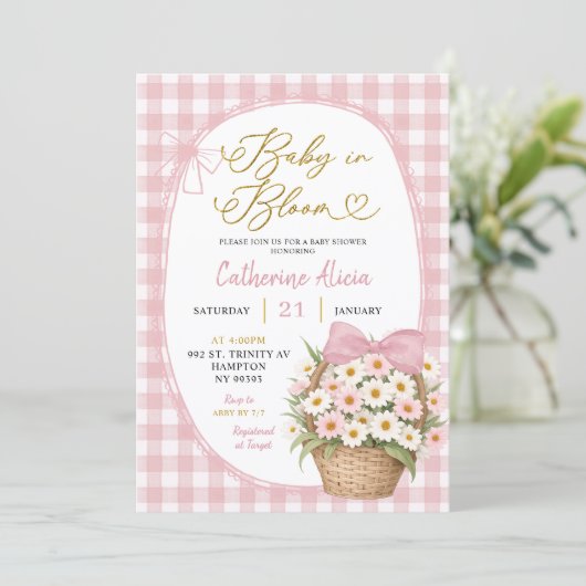 Gingham Coquette Daisy Baby in Bloom Baby Shower 招待状 (スタンド正面)