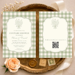 Gingham Couples Shower Floral Bow QR Code 招待状