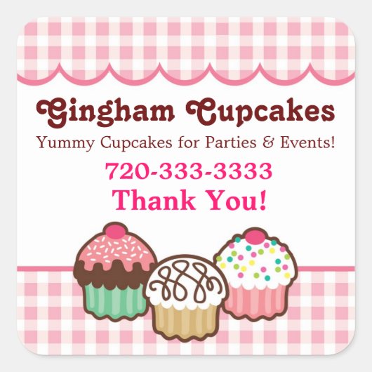 Gingham Cupcakesありがとうステッカー スクエアシール (正面)