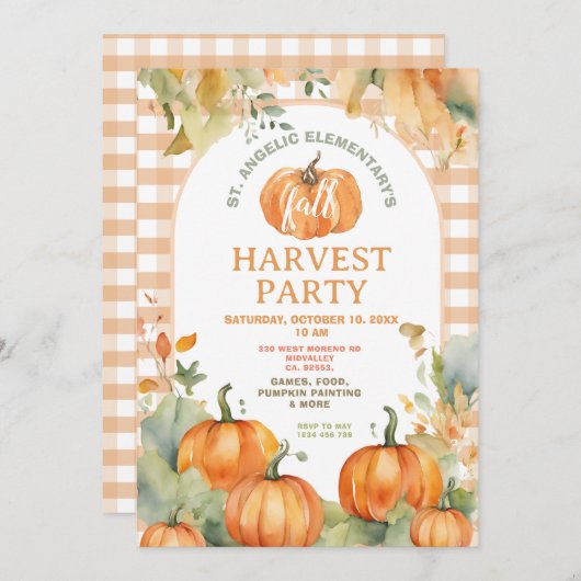 Gingham Fall Festival Invitation Harvest Party 招待状 (正面/裏面)