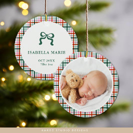 Gingham First Christmas Birth Stats Baby Photo セラミックオーナメント