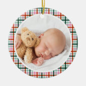 Gingham First Christmas Birth Stats Baby Photo セラミックオーナメント (正面)