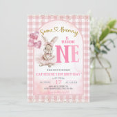 Gingham Floral Ballerina Bunny First Birthday 招待状 (スタンド正面)