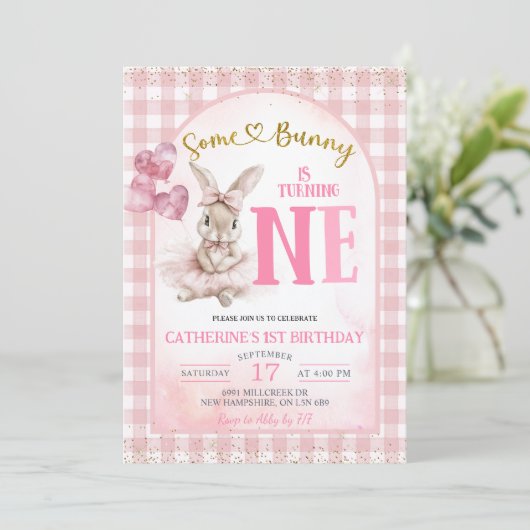 Gingham Floral Ballerina Bunny First Birthday 招待状 (スタンド正面)