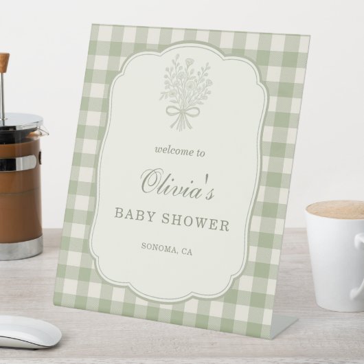 Gingham Floral Bow Baby Shower Welcome Sign 台座サイン (インサイチュ)