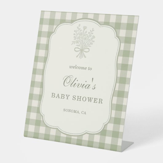 Gingham Floral Bow Baby Shower Welcome Sign 台座サイン (正面)