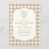 Gingham Floral Bow Beige Ivory Bridal Shower 招待状 (正面)