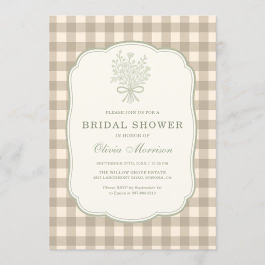 Gingham Floral Bow Beige Ivory Bridal Shower 招待状 (正面)