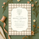 Gingham Floral Bow Beige Ivory Bridal Shower 招待状