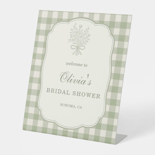Gingham Floral Bow Bridal Shower Welcome Sign 台座サイン (正面)