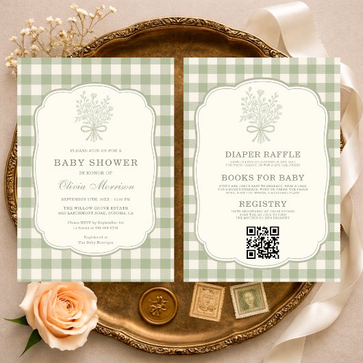 Gingham Floral Bow QR Code All in One Baby Shower 招待状