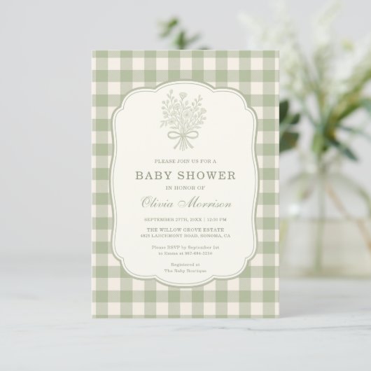 Gingham Floral Bow QR Code All in One Baby Shower 招待状 (スタンド正面)