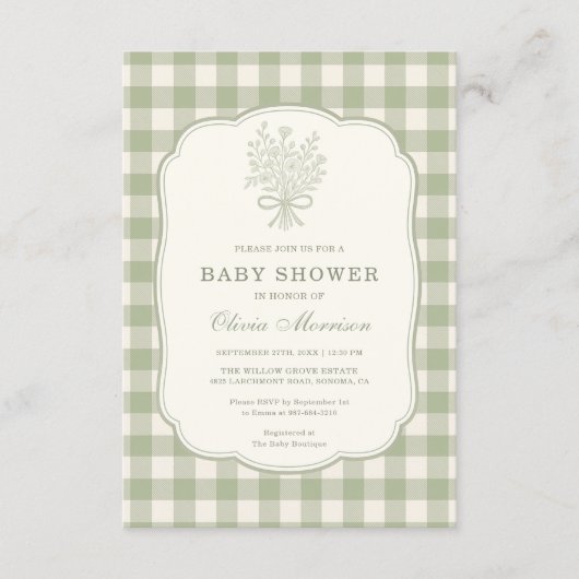 Gingham Floral Bow QR Code All in One Baby Shower 招待状 (正面)