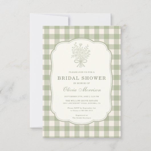 Gingham Floral Bow Sage Green Bridal Shower 招待状 (正面)