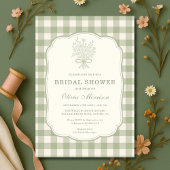 Gingham Floral Bow Sage Green Bridal Shower 招待状