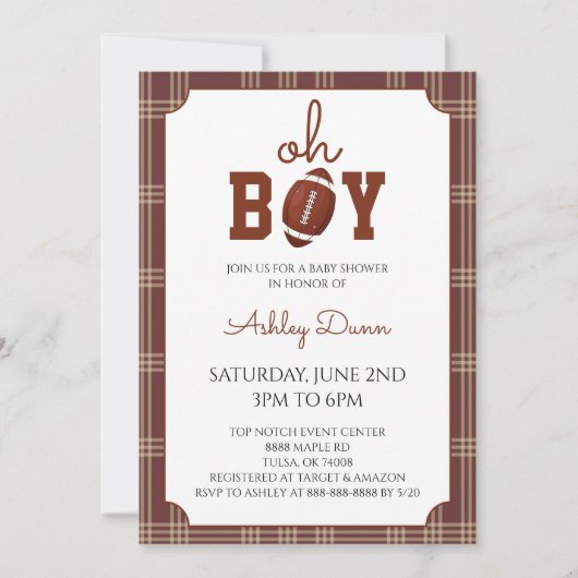Gingham Football Baby Shower 招待状 (正面)