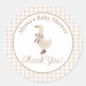 Gingham Goose Baby Shower Stickers in Beige ラウンドシール (正面)