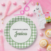 Gingham Green Plaid Baby Shower ペーパープレート (パーティー)