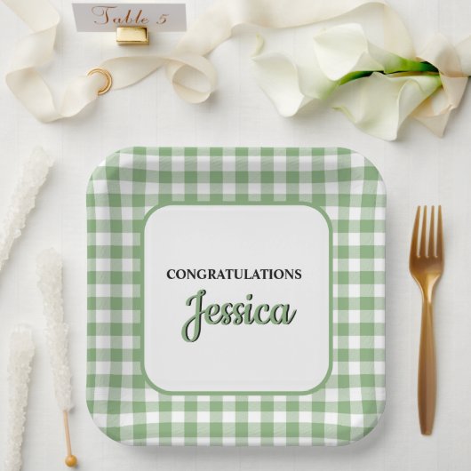 Gingham Green Plaid Baby Shower ペーパープレート (ウェディング)