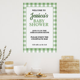 Gingham Green Plaid Baby Shower Welcome Sign ポスター