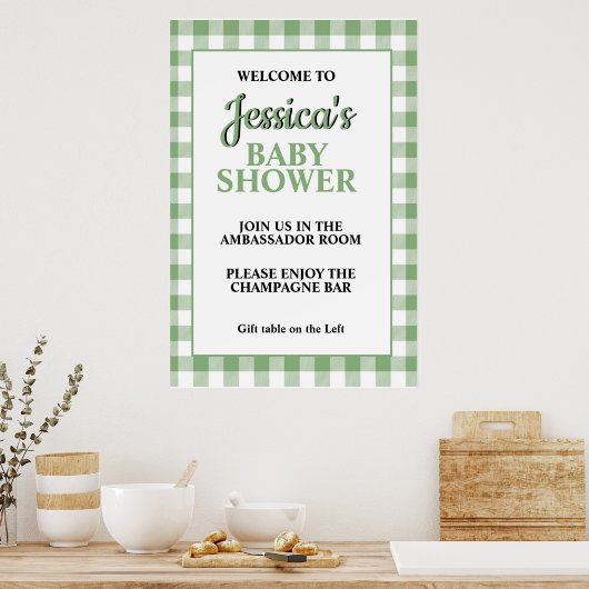 Gingham Green Plaid Baby Shower Welcome Sign ポスター (キッチン)