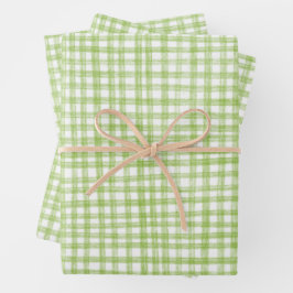 Gingham Hand-Drawn Modern Cute Green White Preppy ラッピングペーパーシート