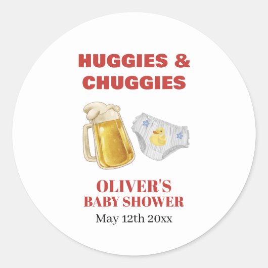 Gingham Huggies Chuggies Beer Diaper Baby Shower  ラウンドシール (正面)