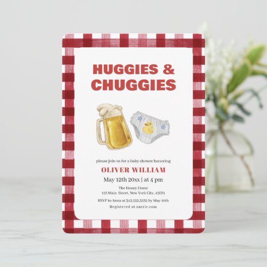 Gingham Huggies Chuggies Beer & Diaper Baby Shower 招待状 (スタンド正面)
