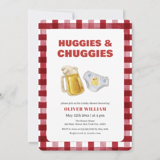 Gingham Huggies Chuggies Beer & Diaper Baby Shower 招待状 (正面)