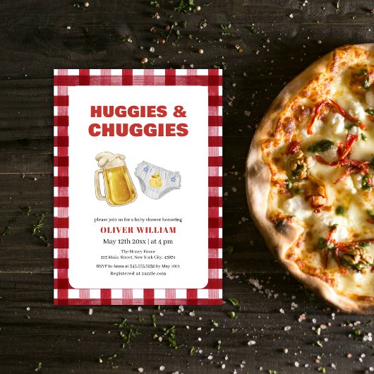 Gingham Huggies Chuggies Beer & Diaper Baby Shower 招待状