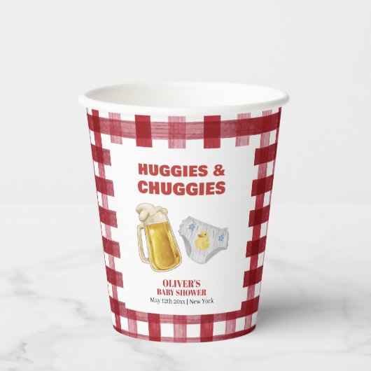 Gingham Huggies Chuggies Beer Diaper Baby Shower  紙コップ (正面)