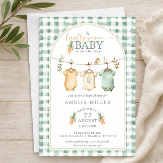 Gingham Locally Grown Baby Clothesline Baby Shower 招待状