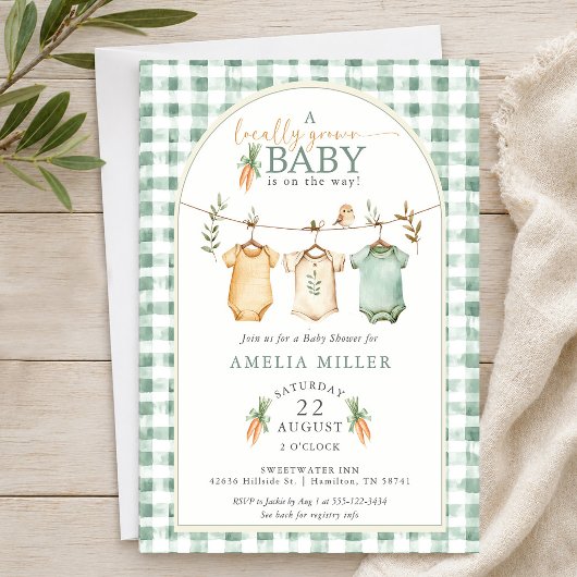 Gingham Locally Grown Baby Clothesline Baby Shower 招待状