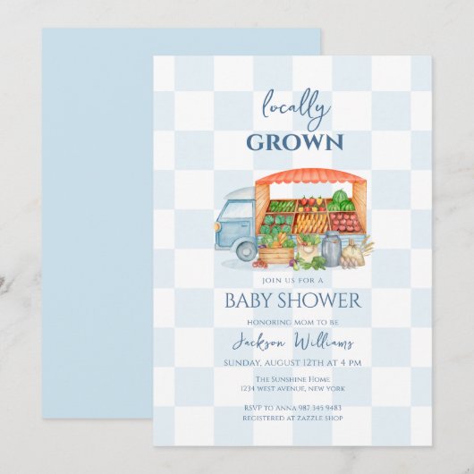 Gingham Locally grown Veggies Truck Baby Shower 招待状 (正面/裏面)
