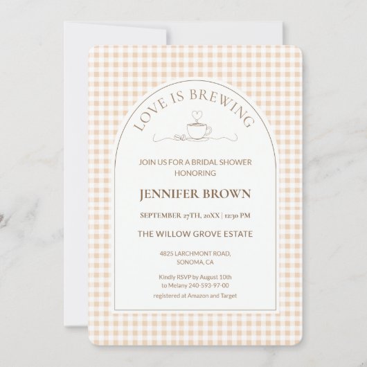 Gingham Love Is Brewing Coffee Bridal Shower 招待状 (正面)