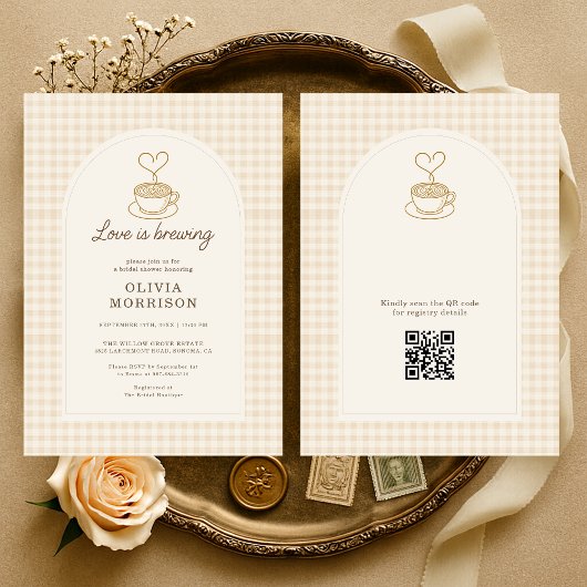 Gingham Love is Brewing QR Code Bridal Shower 招待状